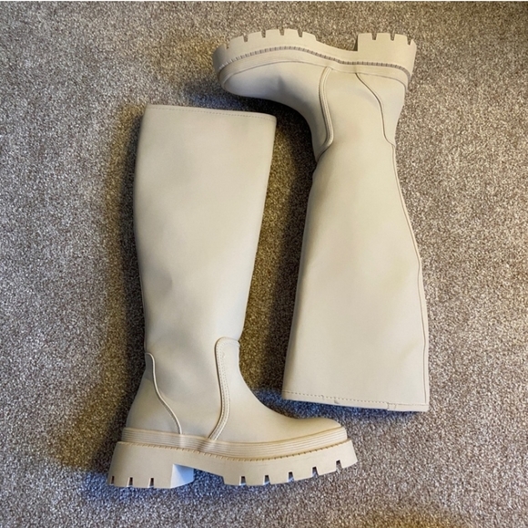 Ivory Faux Leather Rubber Knee-high Combat Boots - Picture 3 of 3